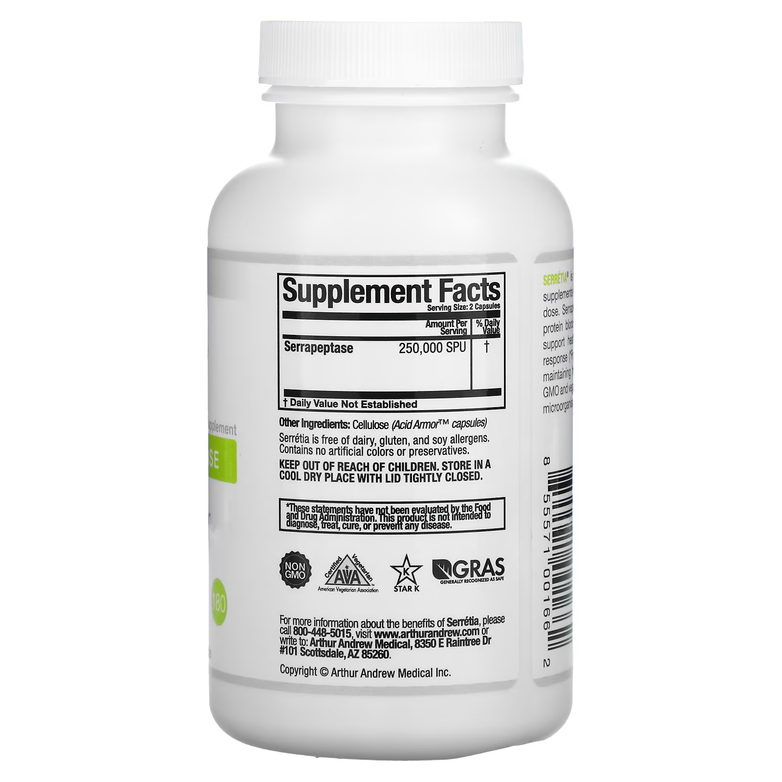 Arthur Andrew Medical, Serretia, Pure Serrapeptase, 125,000 SPU, 180 Capsules_1