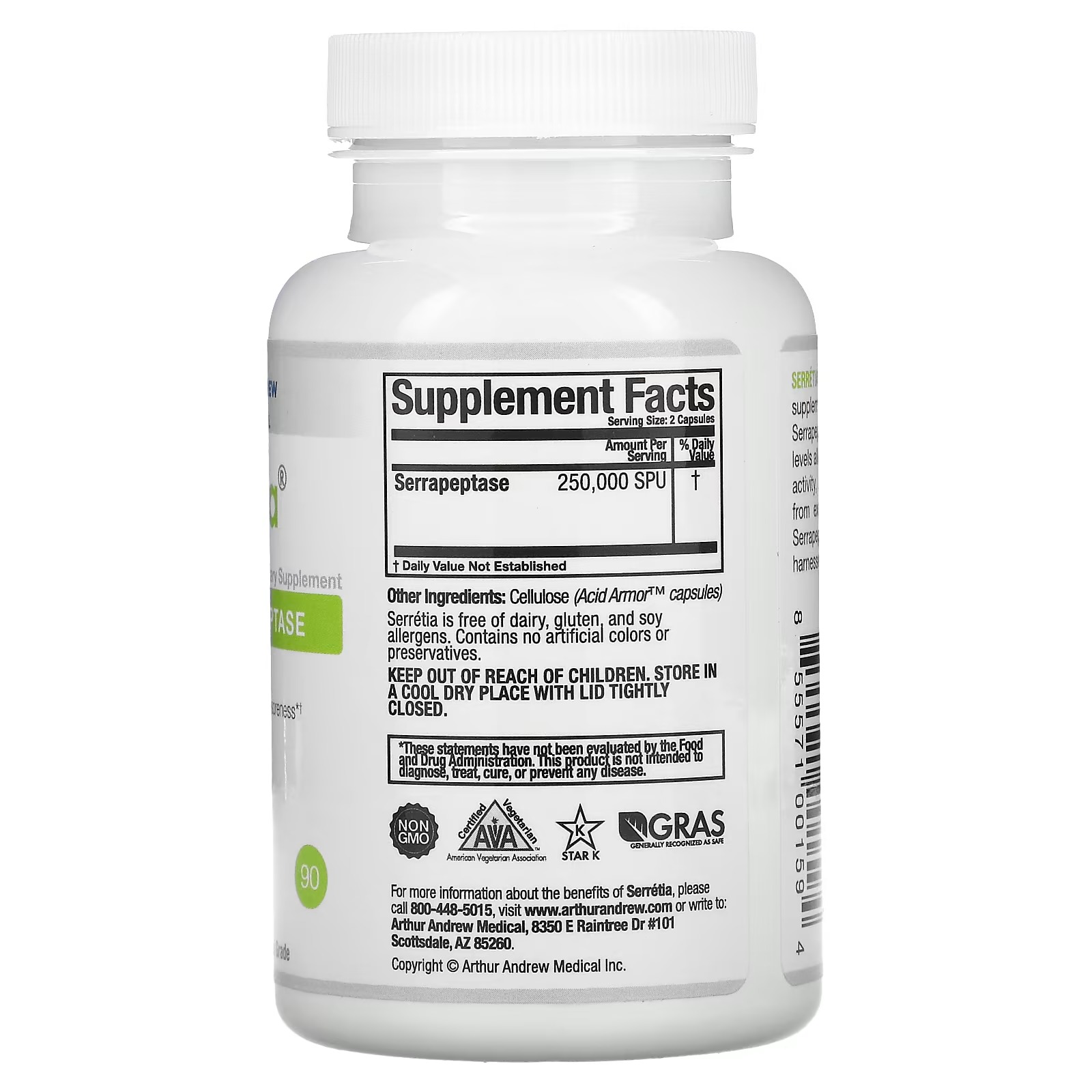 Arthur Andrew Medical, Serretia, Pure Serrapeptase, 125,000 SPU, 90 Capsules1