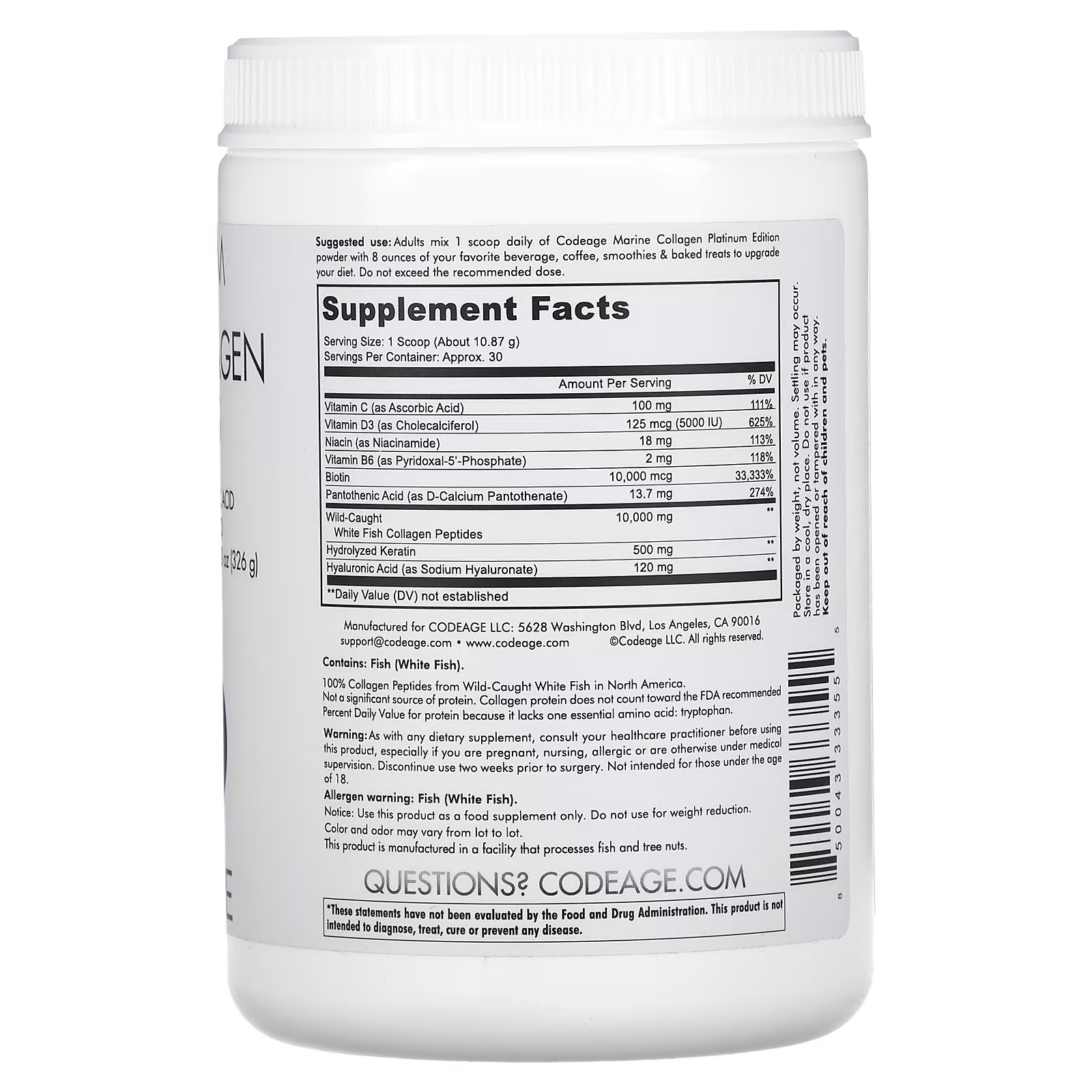 Codeage, Platinum, Marine Collagen Peptides, Unflavored, 11.5 oz (326 g)1