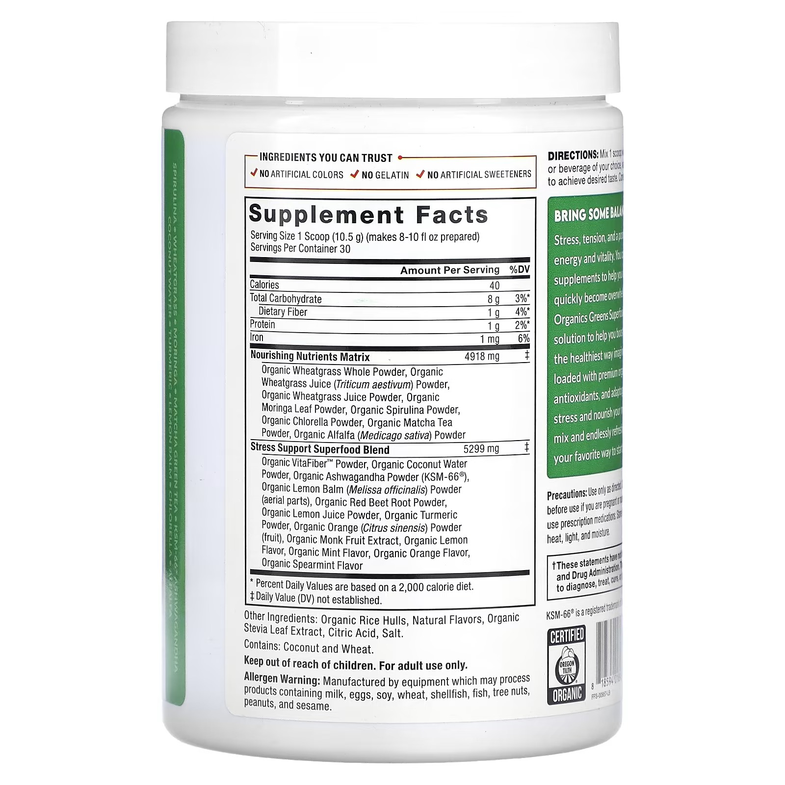 Force Factor, Organics, Greens, Superfood Powder, Fresh Apple, 11.1 oz (316 g)1