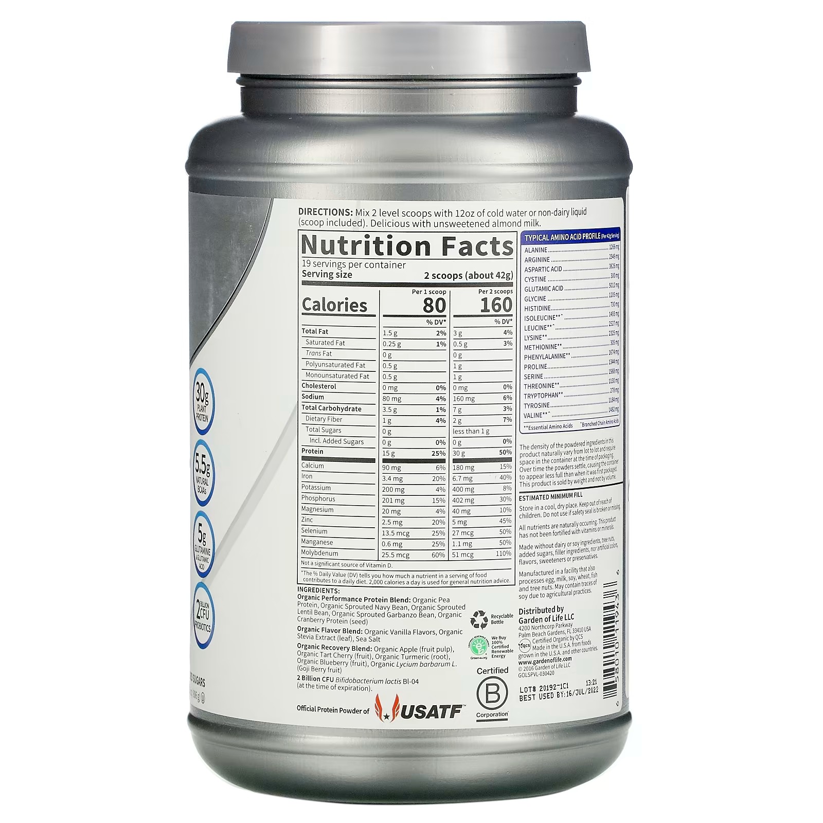 Garden of Life, Sport, Organic Plant-Based Protein, Vanilla, 1 lb 12 oz (806 g)1