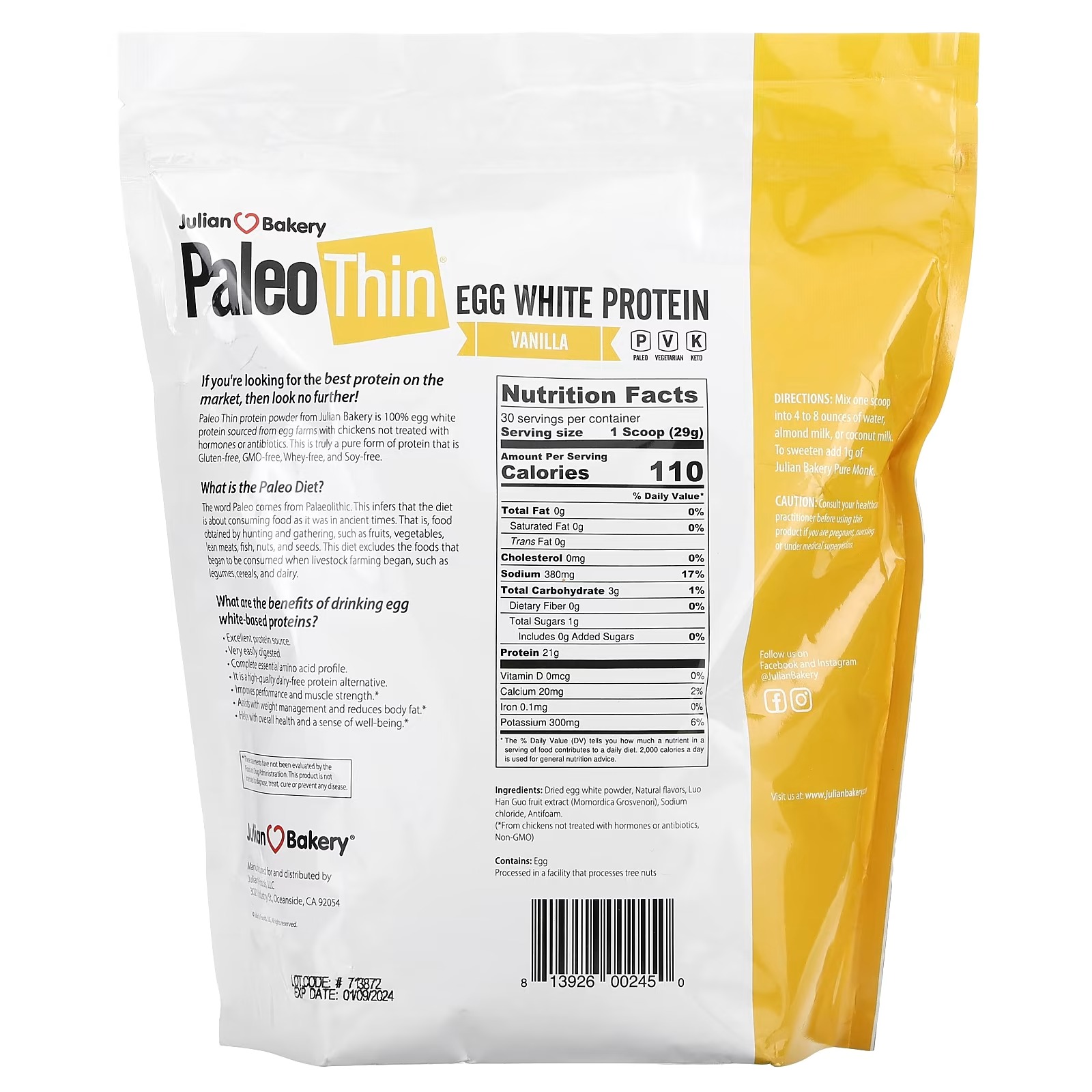 Julian Bakery, Paleo Thin, Egg White Protein, Vanilla, 1.92 lbs (870 g)_1