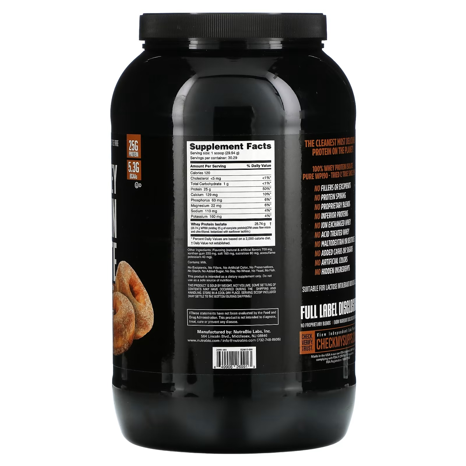 Nutrabio Labs, 100% Whey Protein Isolate, Cinnamon Sugar Donut, 2 lb (907 g)_1