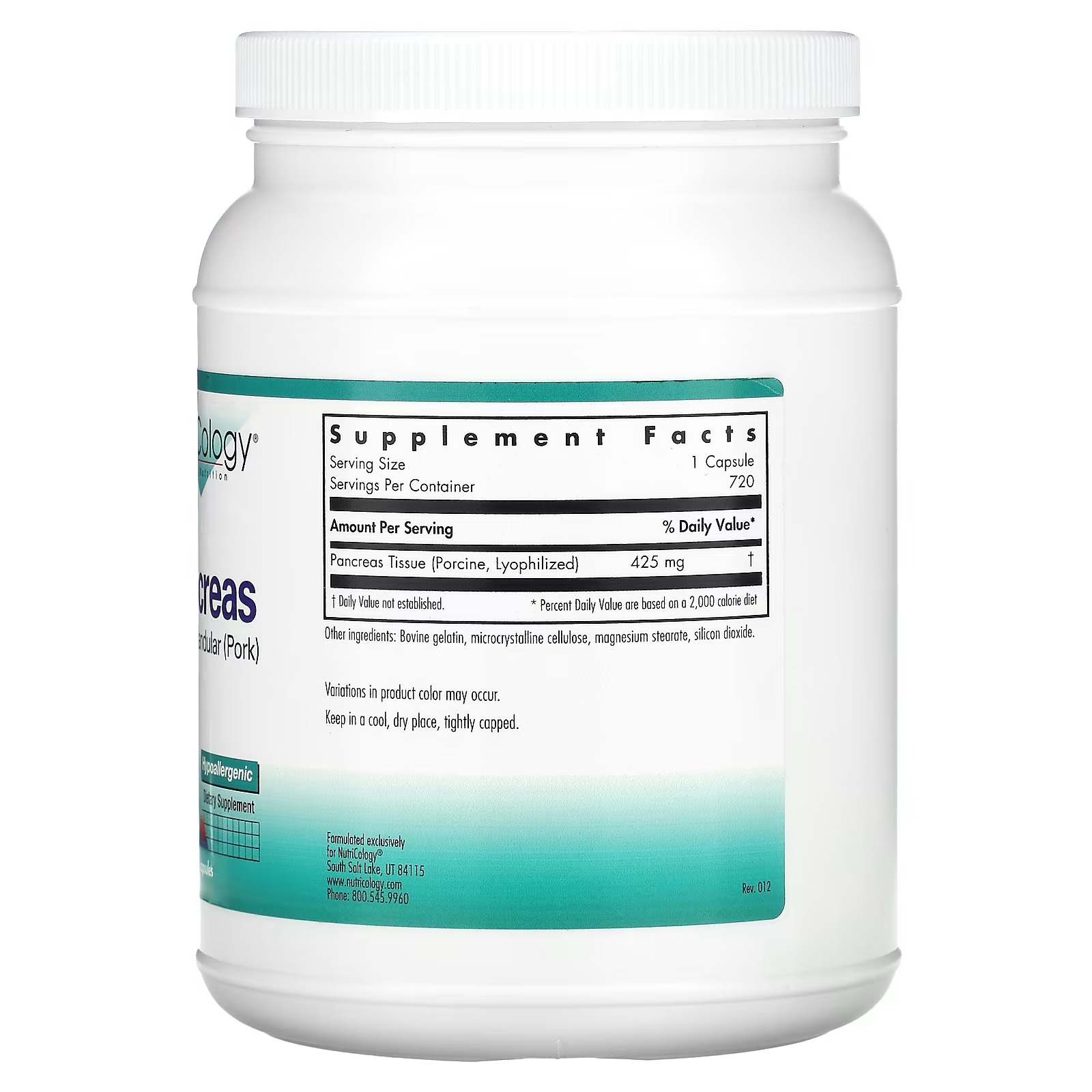 Nutricology, Pancreas, Natural Glandular (Pork), 720 Capsules