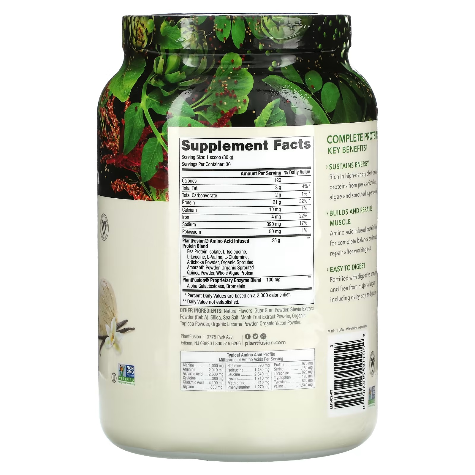 PlantFusion, Complete Protein, Creamy Vanilla Bean, 2 lb (900 g)1