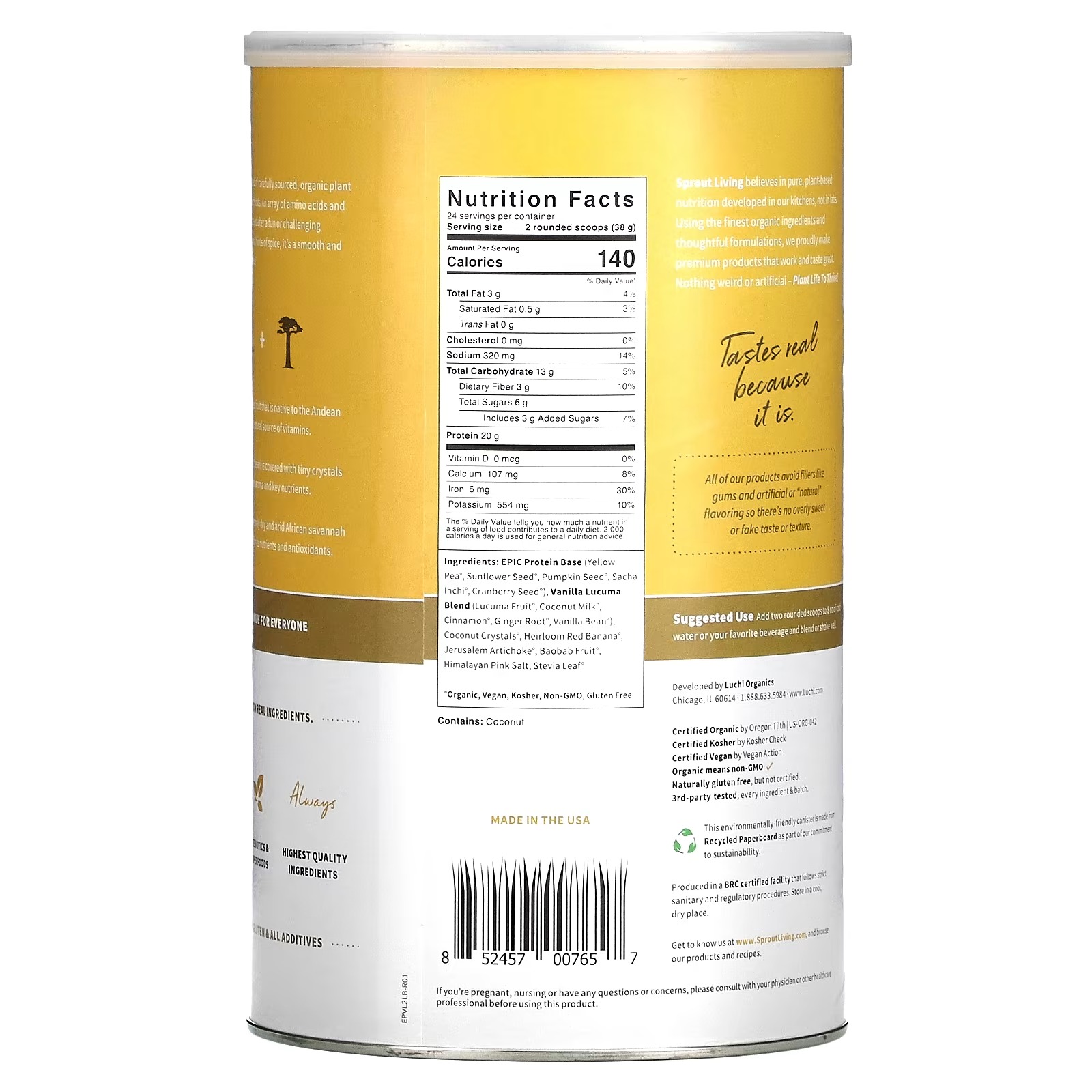 Sprout Living, Epic Protein, Organic Plant Protein + Superfoods, Vanilla Lucuma, 2 lb (912 g)1