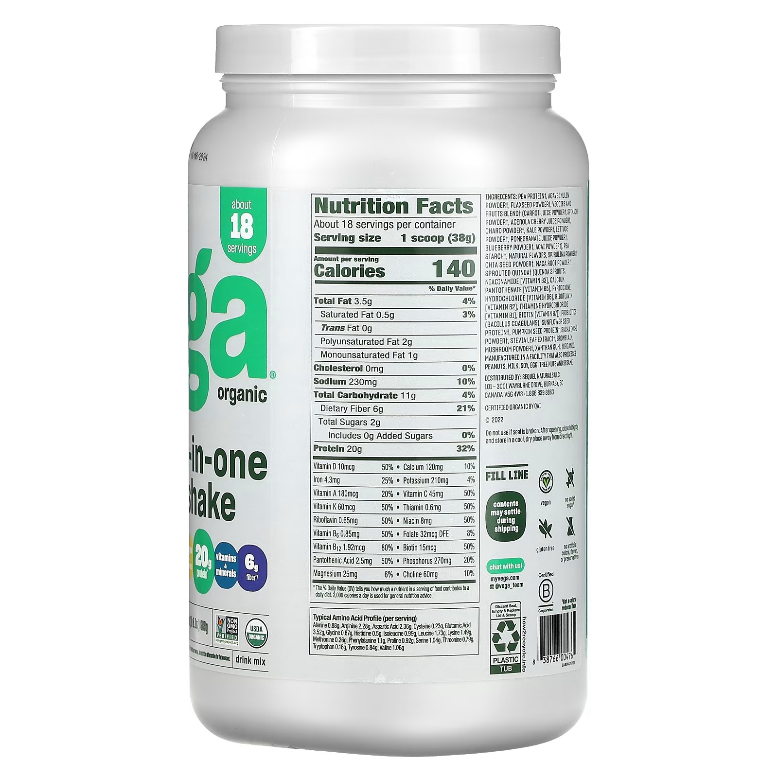 Vega, Plant-Based, Organic All-In-One Shake, French Vanilla, 24.3 oz (689 g)_1